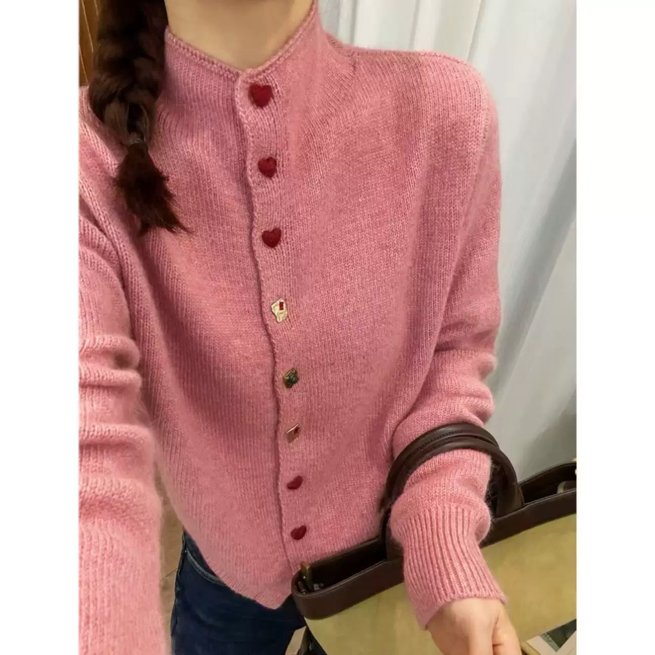 【运费补贴】肉粉色宝石扣针织开衫女毛衣外套气质宽松上衣