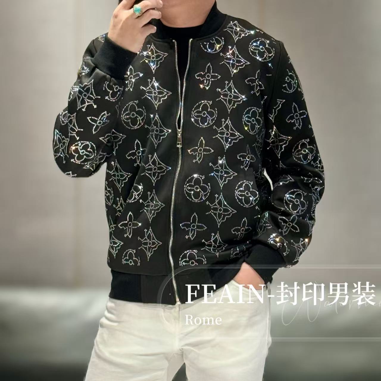 【八星八箭】高端定制立体水晶奥钻四叶花休闲棒球领夹克8002