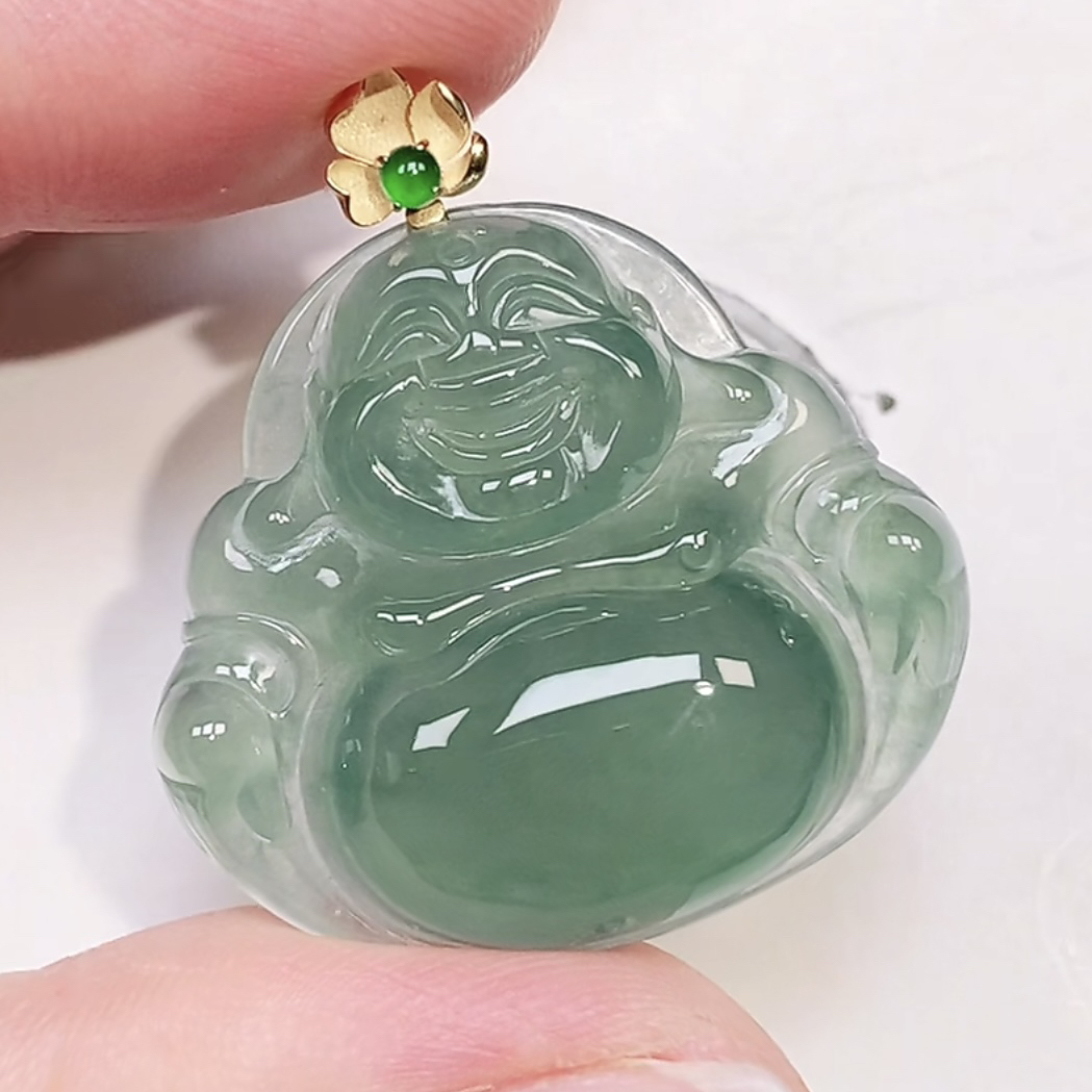 冰满绿佛公吊坠挂件 18k金镶嵌 缅甸天然翡翠A货30-27.2-5.8mm