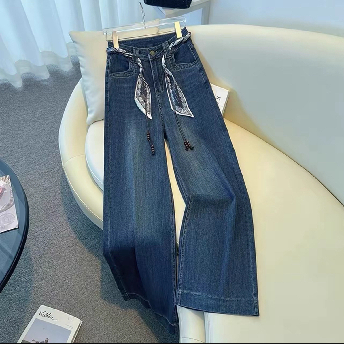 高腰阔腿裤秋季女装2025新款百搭宽松复古直筒裤子蓝色显瘦牛仔裤