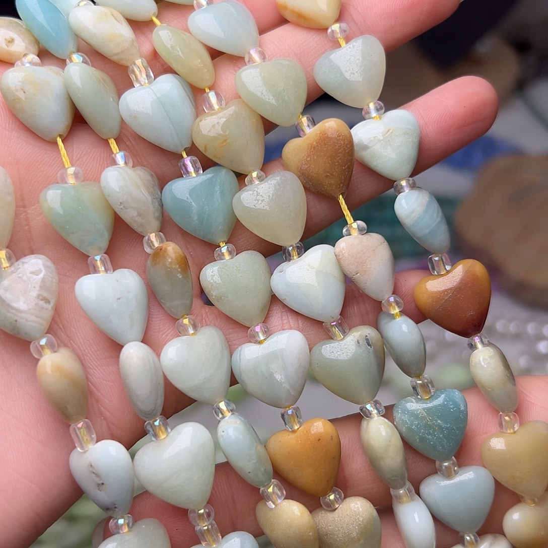 玛瑙/玉髓合金珠宝半成品Y343。14.5mm亚马逊天河石爱心一条