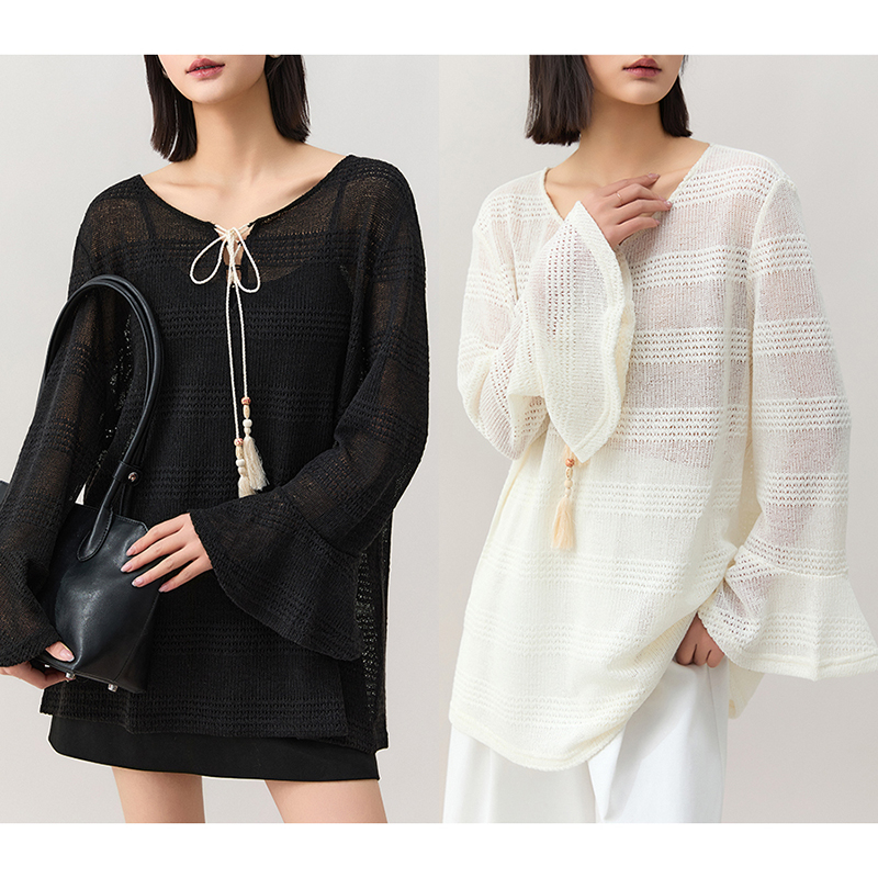 K姐KSOEUR【海岛假日】度假风 流苏绑带 镂空肌理 喇叭袖针织小衫