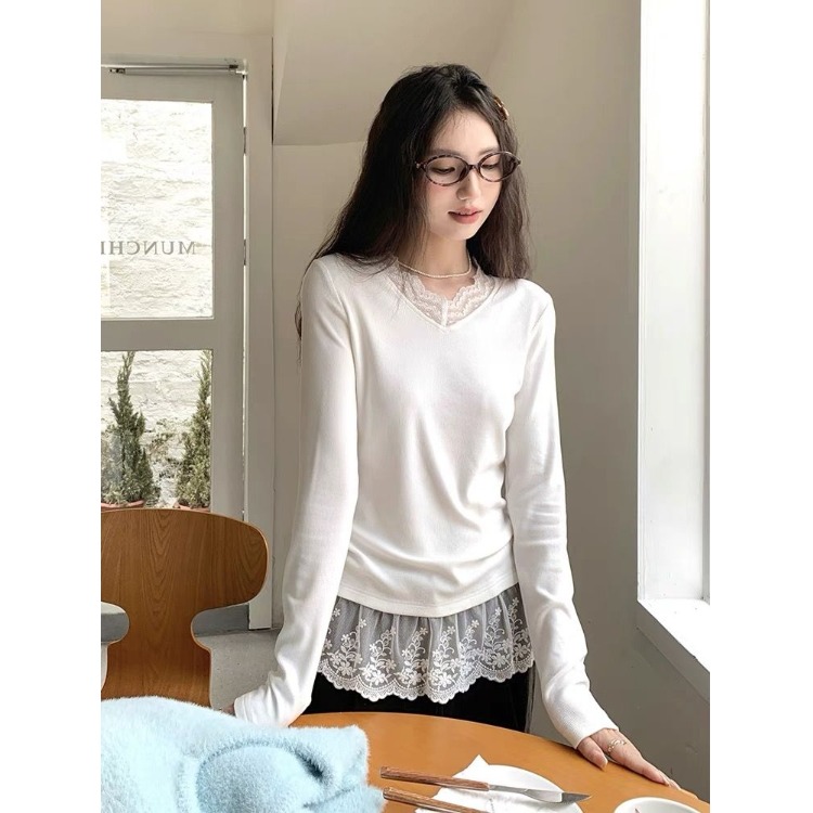 白色假两件蕾丝边v领打底衫女秋冬德绒内搭长袖T恤宽松
