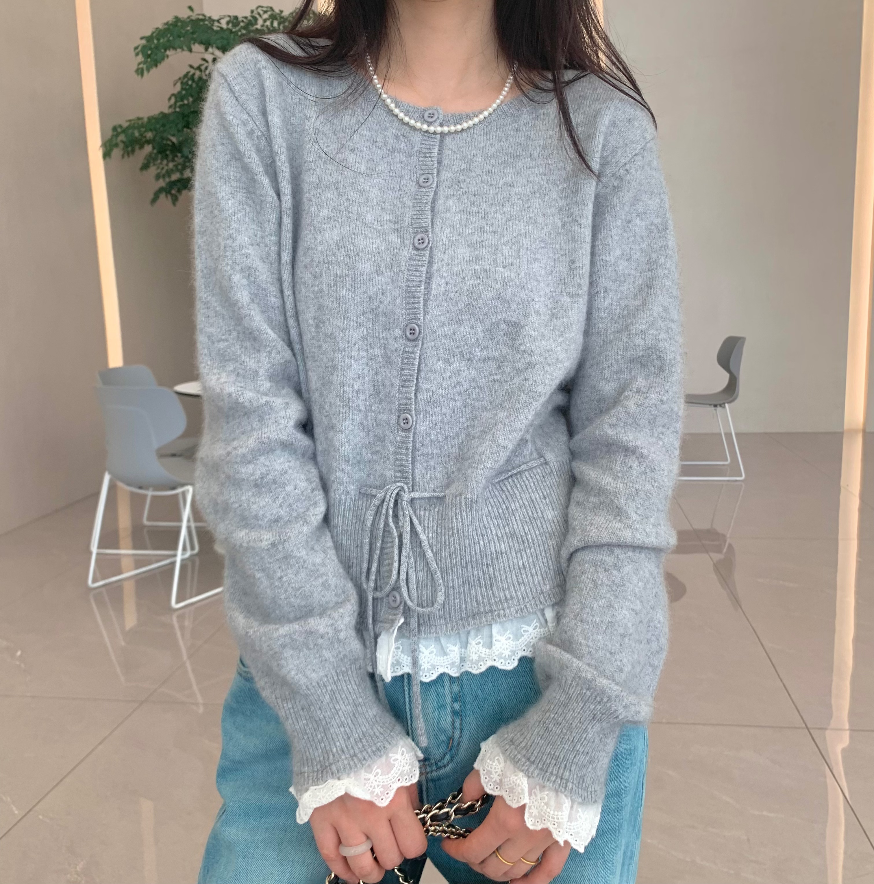 韩系甜美蕾丝花边浣熊纱收腰系带秋季宽松显瘦百搭圆领上衣TX039