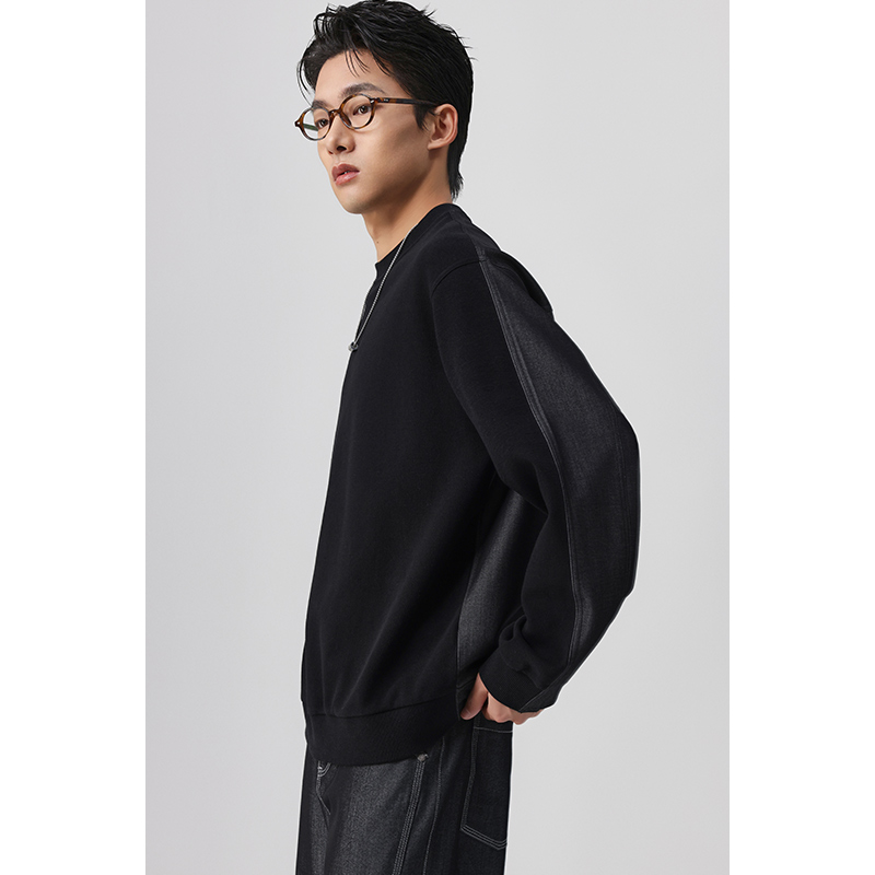 【撒哈拉卫衣面料】男士圆领春秋拼接TR牛仔上衣百搭长袖套头宽松06