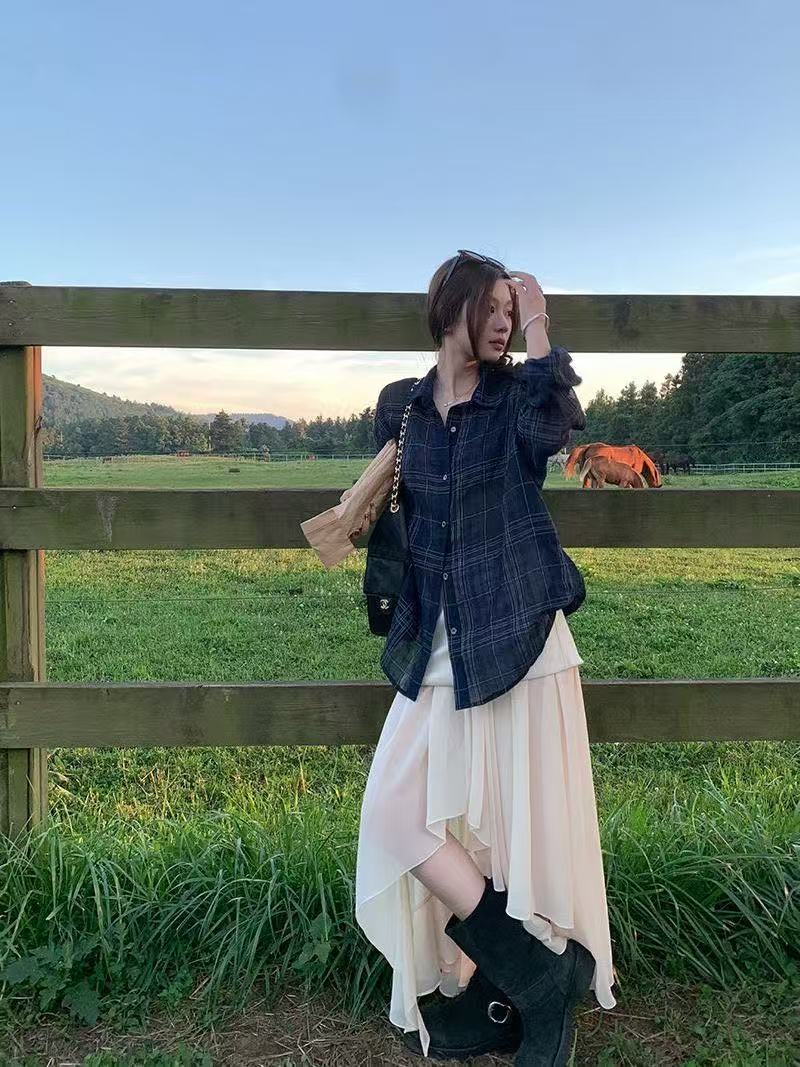 格子长袖防晒薄款衬衫女夏季休闲设计感宽松显瘦外搭上衣休闲开衫