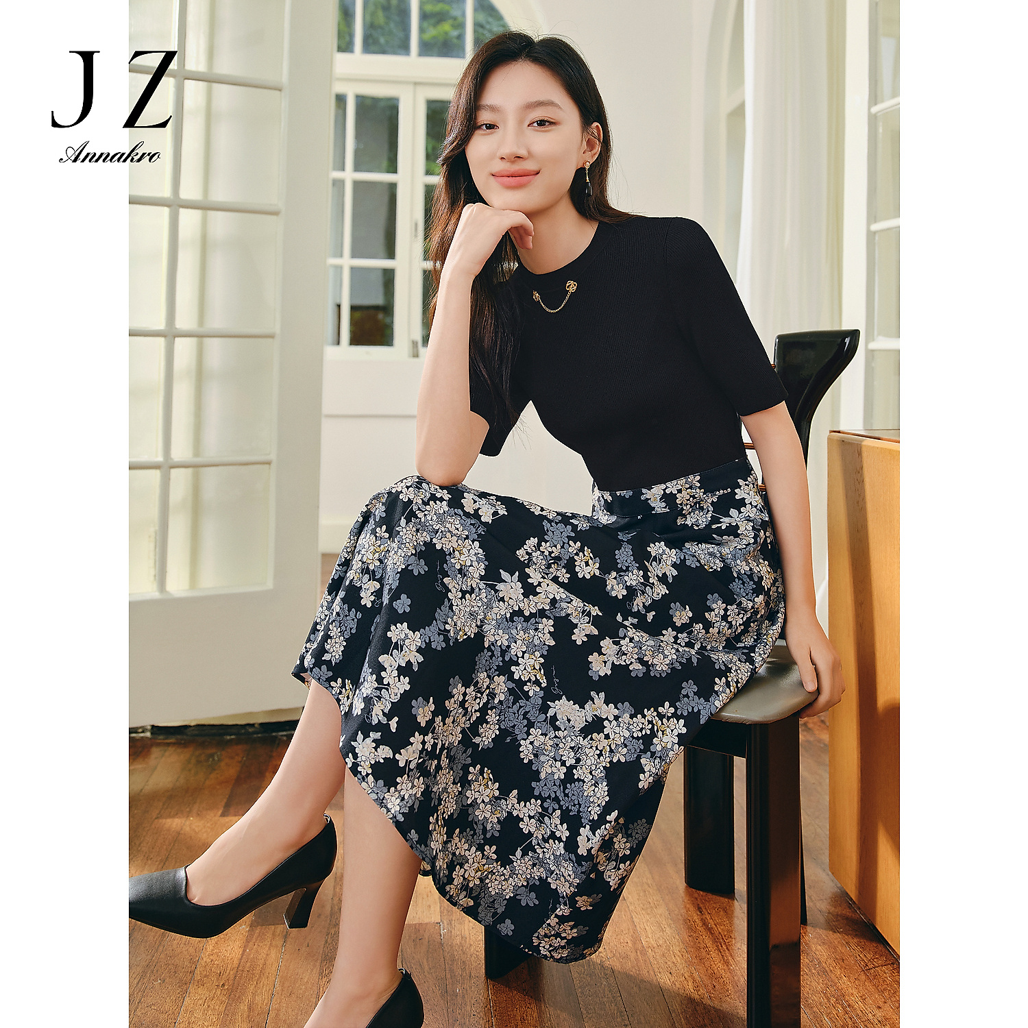 【籽言专属】玖姿安娜蔻JTEC50073风修身假两件短袖连衣裙女新款