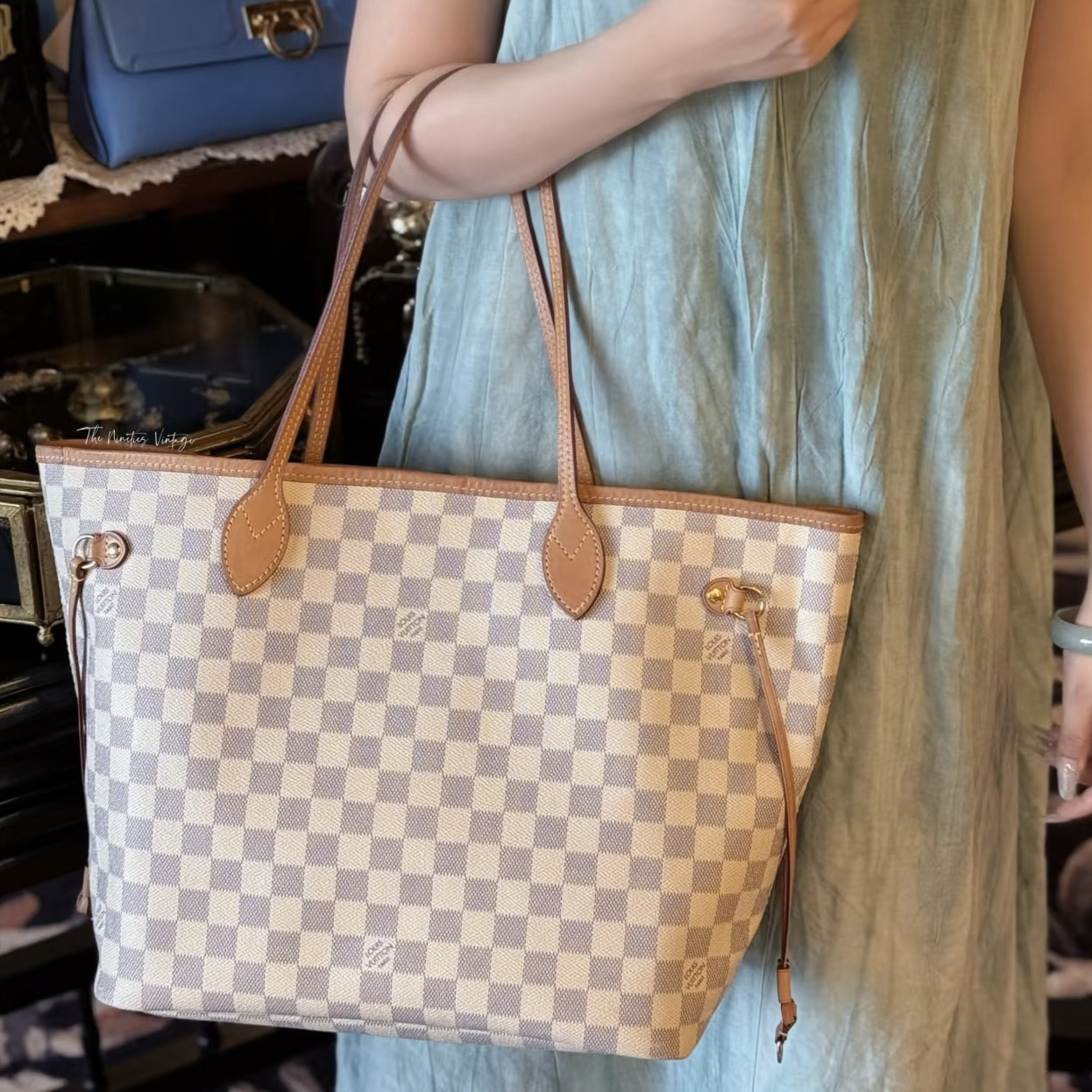 95新 LouisVuitton/路易威登 中号白棋盘格nf购物袋