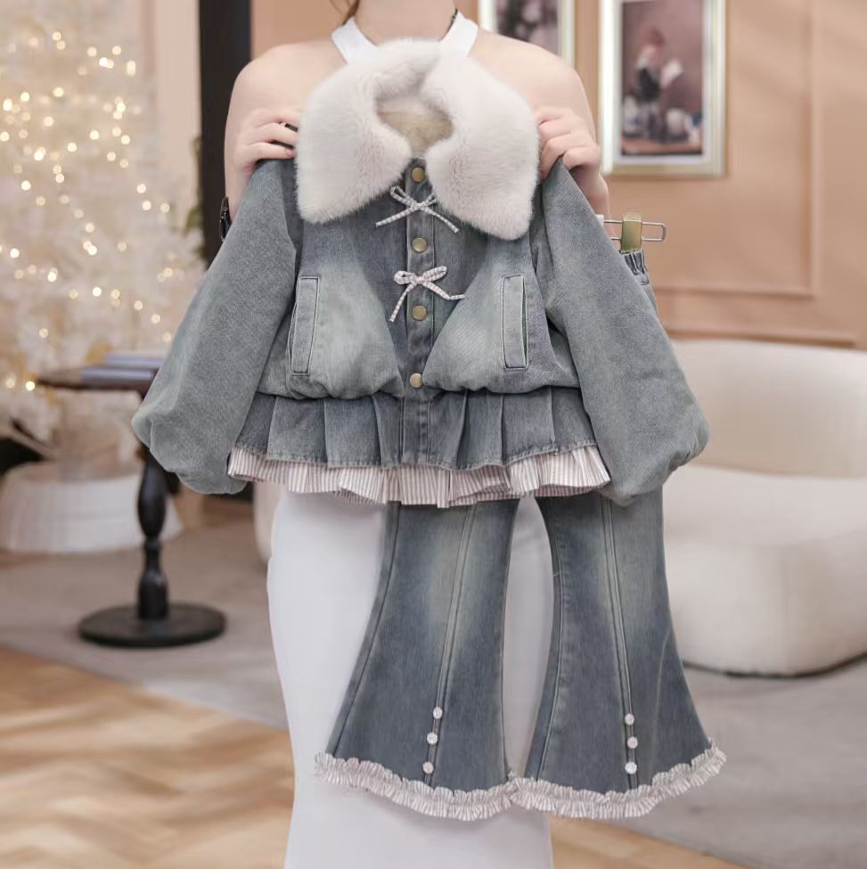 【冬款加绒】女童冬季洋气牛仔上衣加绒加厚阔腿裤套装DC40595