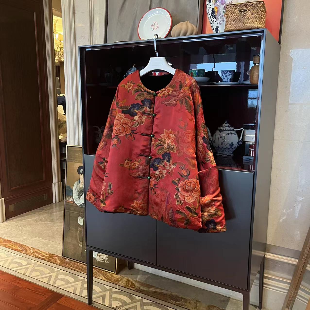 漫颜刘2024年春款红色桑蚕丝印花外套复古提花双面穿民族风