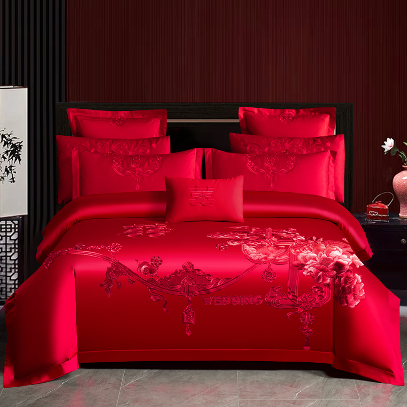 【诗韵牡丹】全棉纯棉婚庆四件套大红色刺绣花结婚六床上用品喜庆