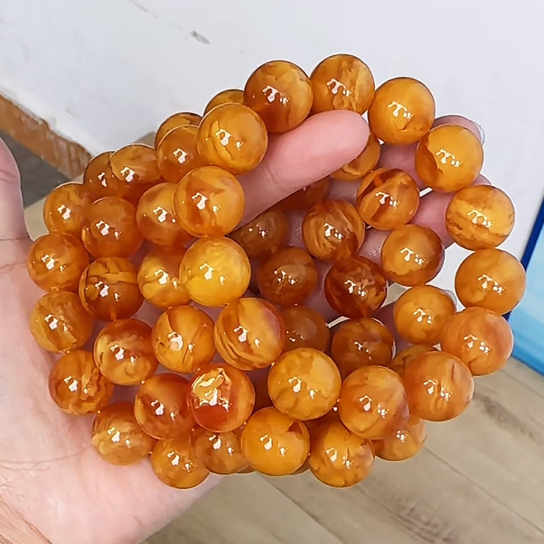 【齐福珠宝】14mm特级溶洞鸡油红妖花蜡圆珠单圈（多样性发其一）