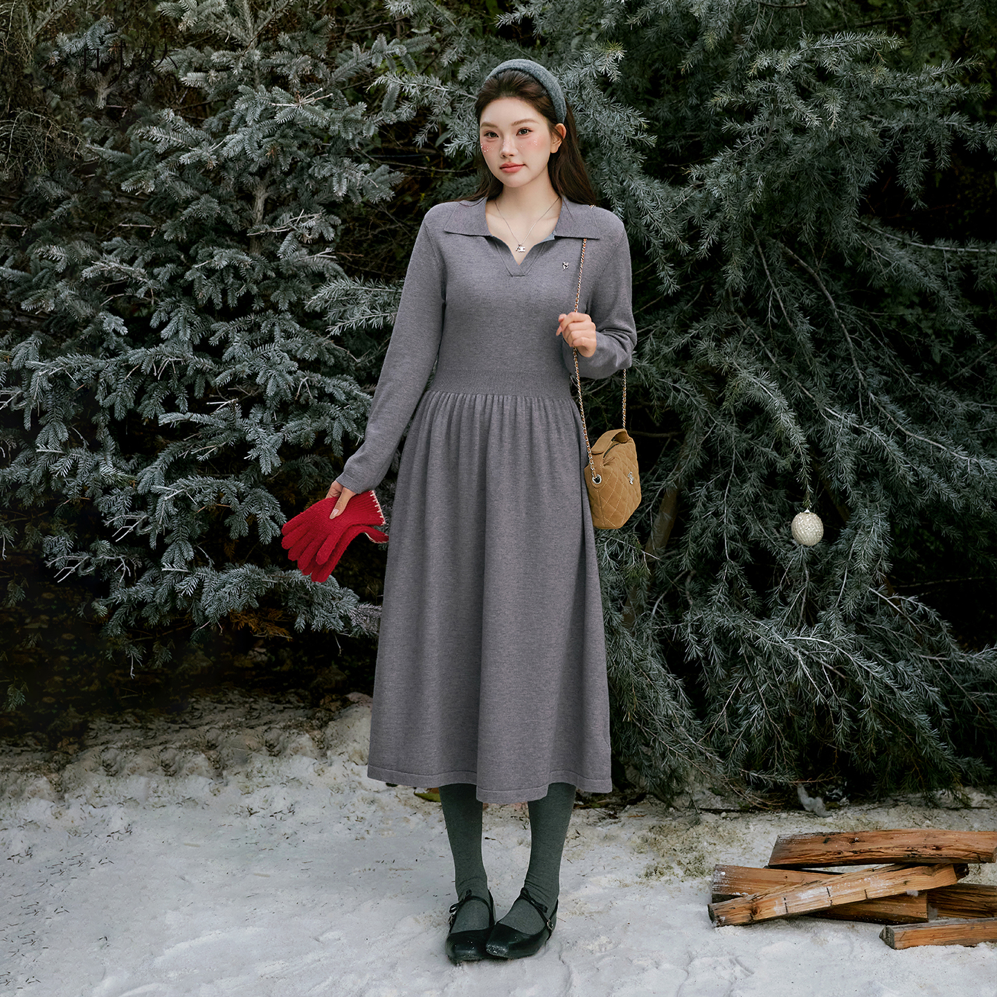 时然【烟灰纤影】微胖大码女装冬季新款收腰显瘦气质简约翻领连衣裙