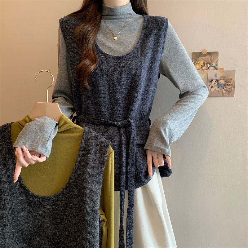 【衣长55】秋冬新款绑带针织马甲背心+长袖T恤打底衫两件套912