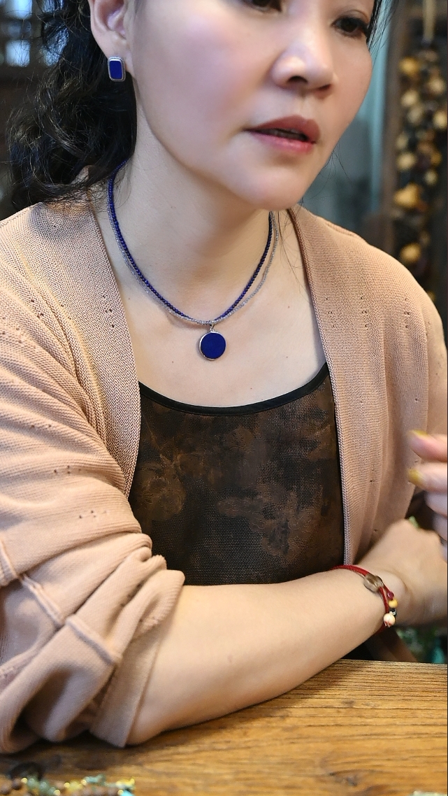 吊坠925银珐琅 茶-蓝青色吊坠项链