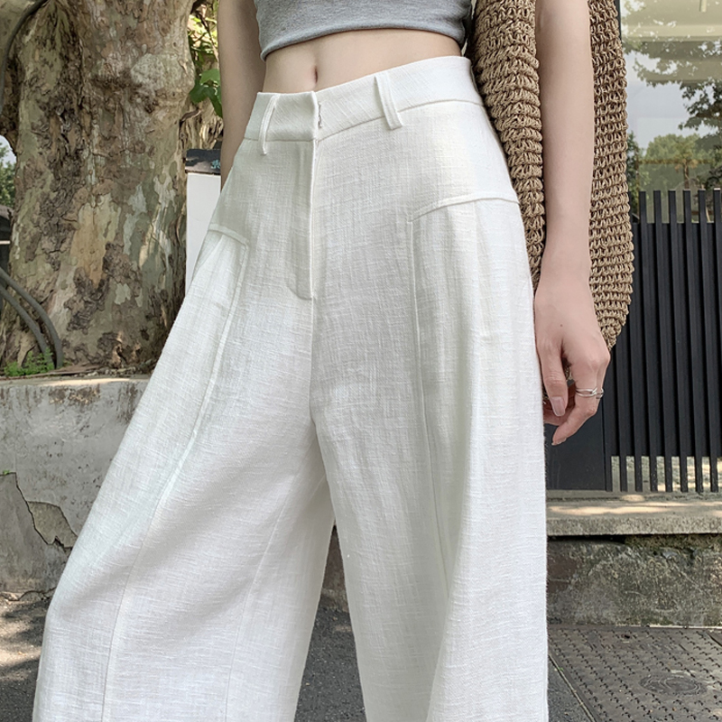 白色亚麻阔腿裤女夏薄款高腰垂感老钱风西装直筒棉麻休闲裤