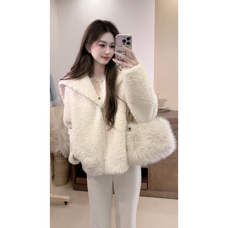 韩版时尚大翻领拉链皮毛一体仿羊羔毛外套女保暖上衣短款潮