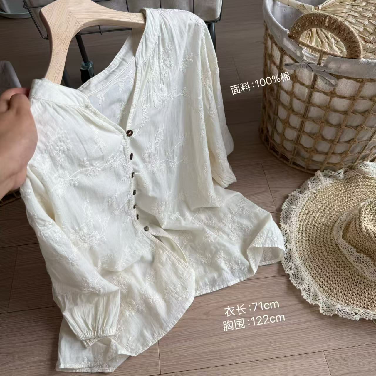 小柒家Y470-刺绣成人夏季常规衬衫长袖蕾丝宫廷薄款