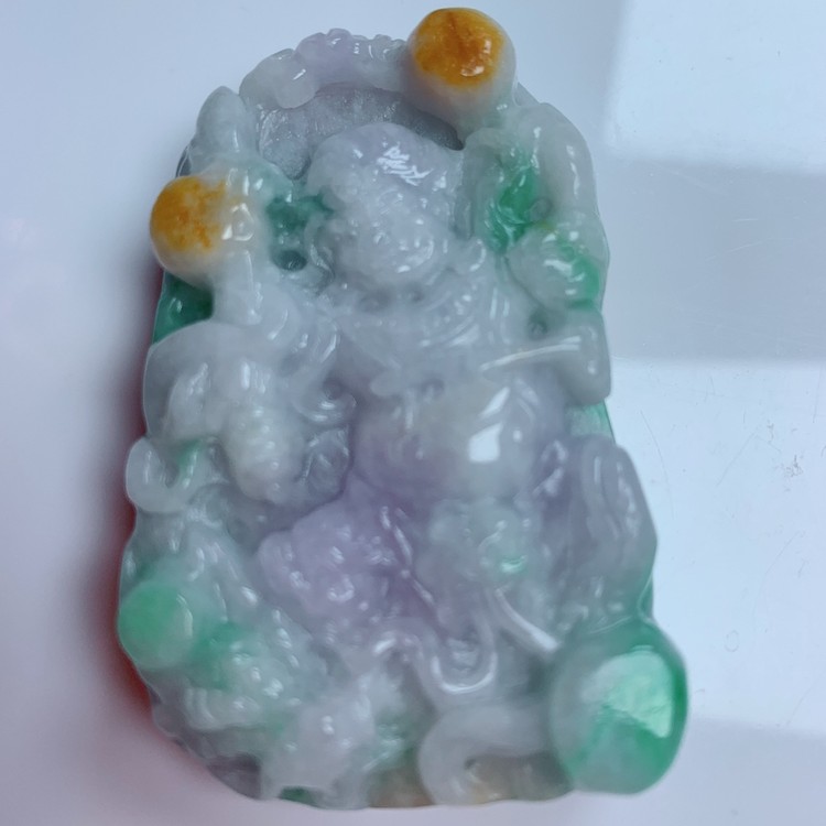 天然翡翠A货多彩大黑天财爷人物吊坠一件