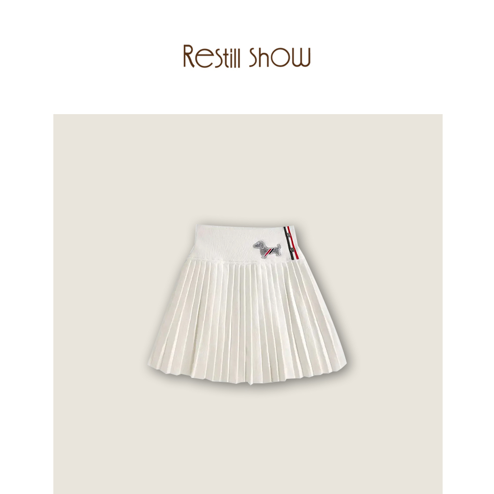 【R.S】TB学院风小狗刺绣织带保暖百褶裙半身裙A字高腰短裙207