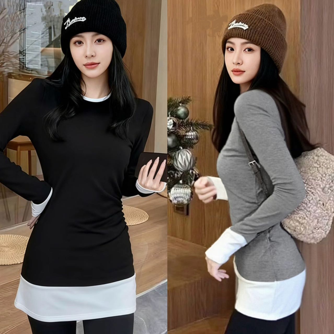 2025新款假两件磨毛拼色中长款加厚不规则修身显瘦撞色打底衫上衣