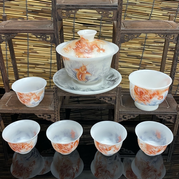 罗文钟手绘鱼跃龙门冰晶璞玉薄胎不烫手办公家用功夫茶具