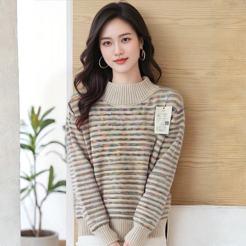 保暖半高领条纹时尚针织毛衣女冬款套头长袖