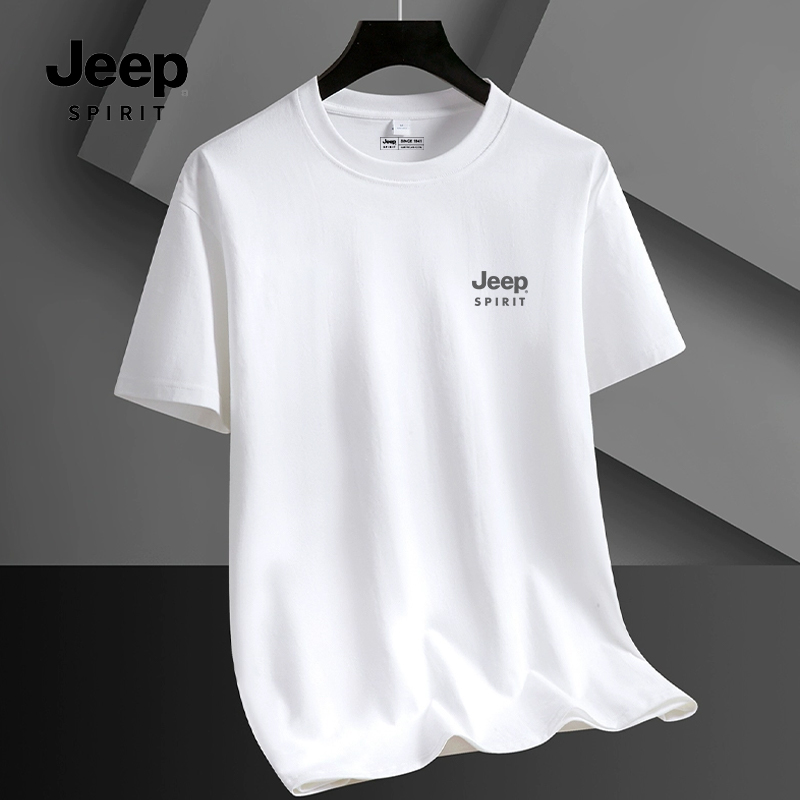 JEEP SPIRIT吉普白色纯棉T恤男士短袖圆领宽松夏季休闲半袖体恤男