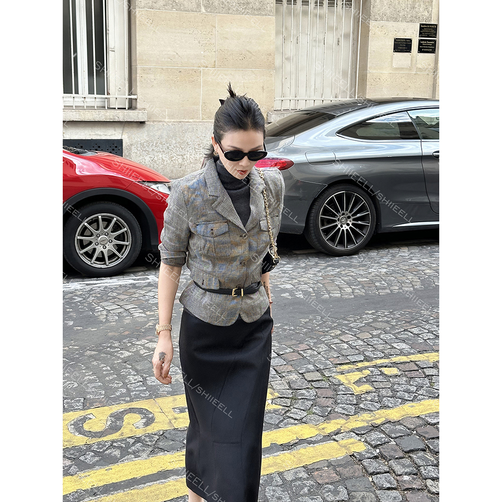 SHIIEELL【致敬赫本】老钱风亚麻格纹气质猎装翻领夹克外套Z2113