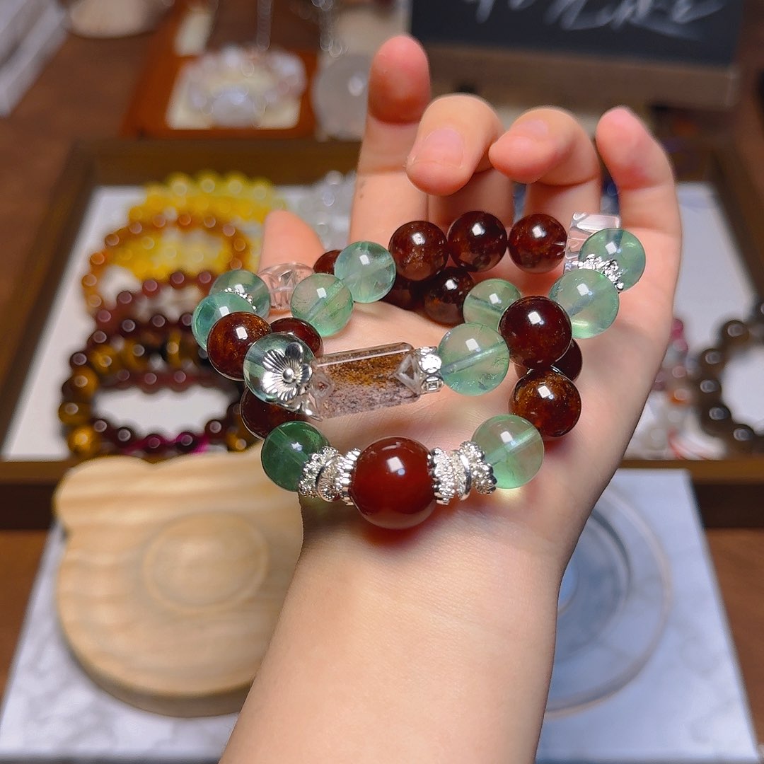 水晶手链合金卿*暮天然水晶红绿配色