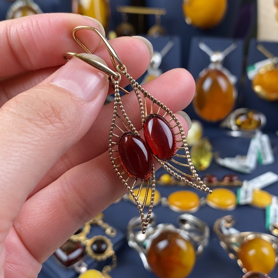 琥珀耳饰银S925镀金镶嵌