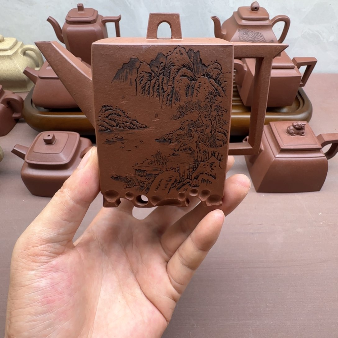 紫泥壶叶*生全手工紫泥砖方壶