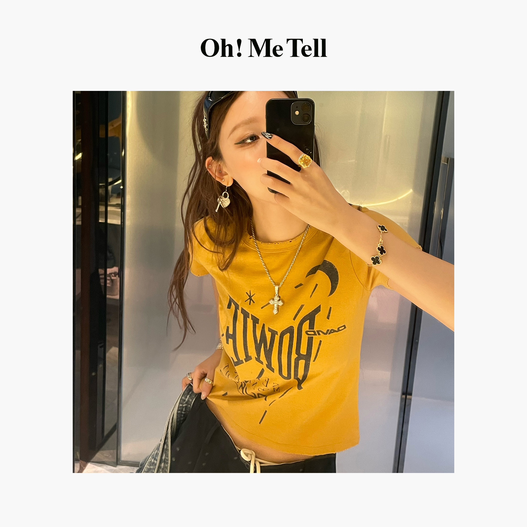 Oh！Me Tell【Rose朴彩英同款】David Bowie字母印花姜黄色短袖T恤女