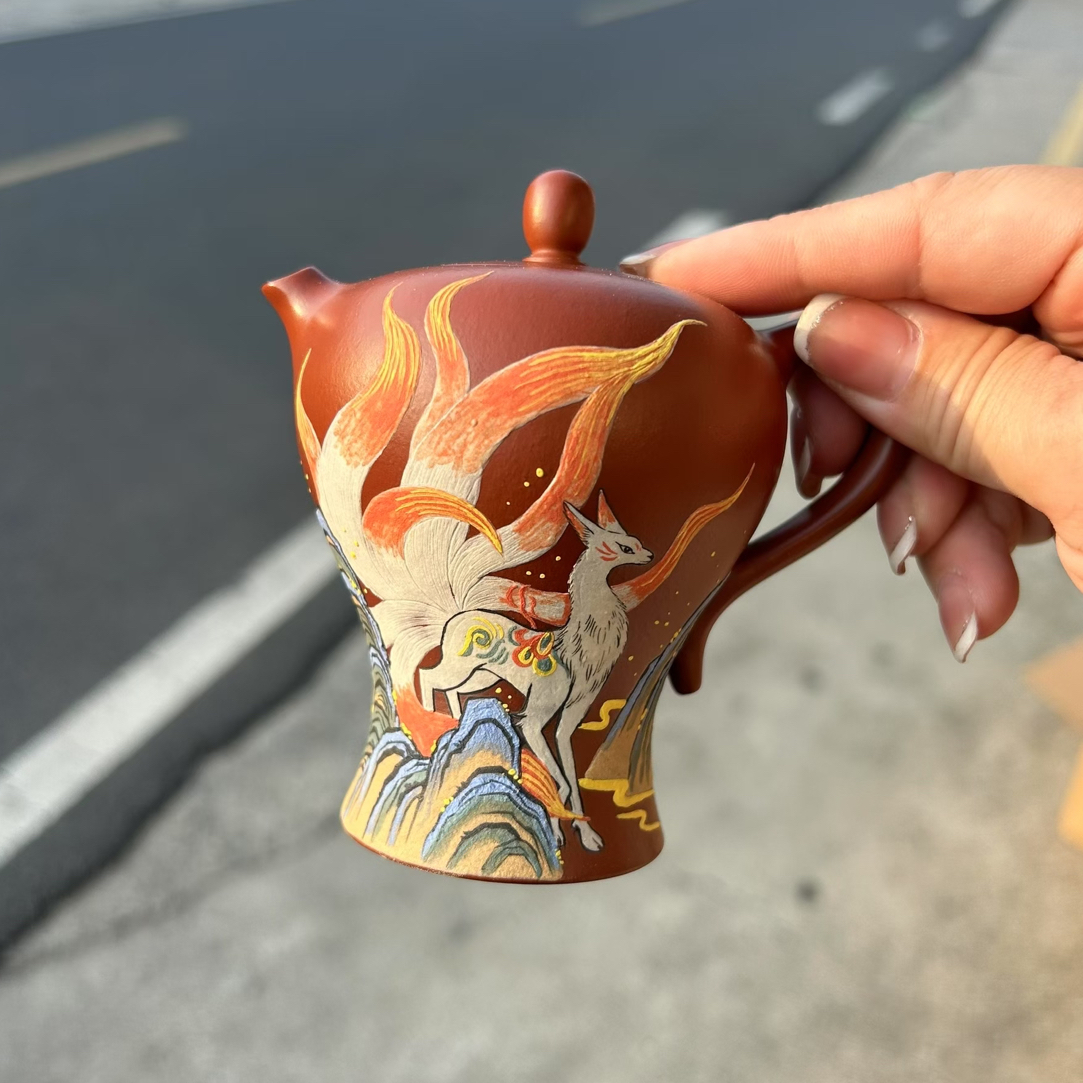 宜兴原矿紫砂壶九尾狐宫灯壶180ml原矿朱泥大红袍