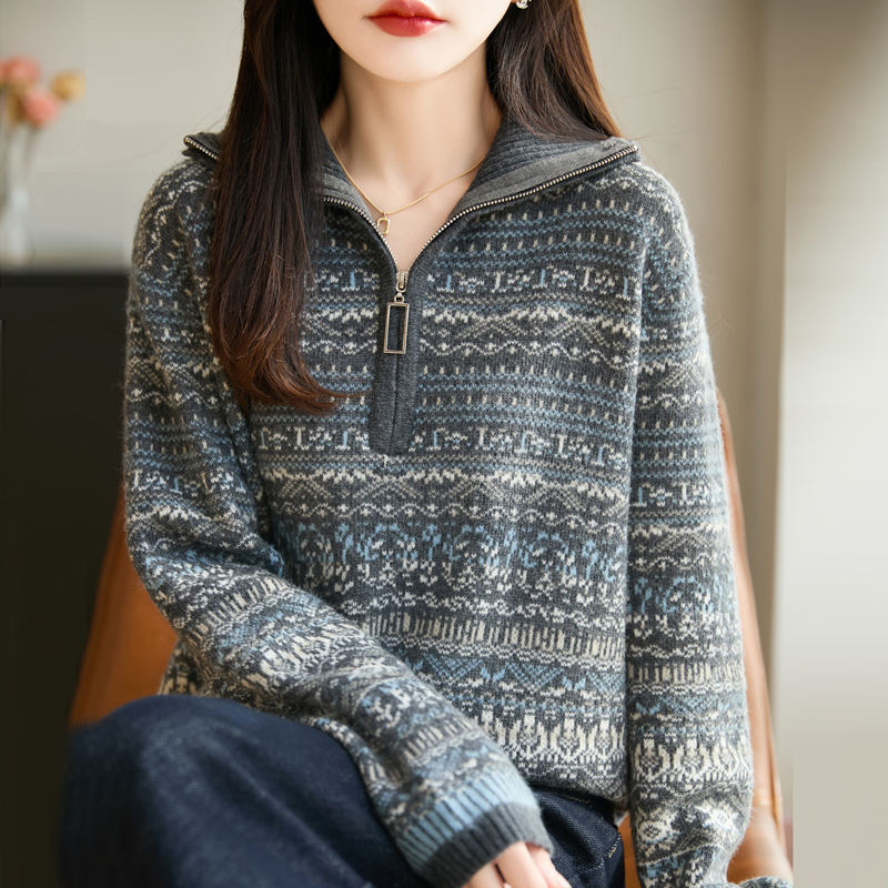 品牌撤柜正品费尔岛秋冬新款女士立领立领羊毛针织衫宽松复古上衣