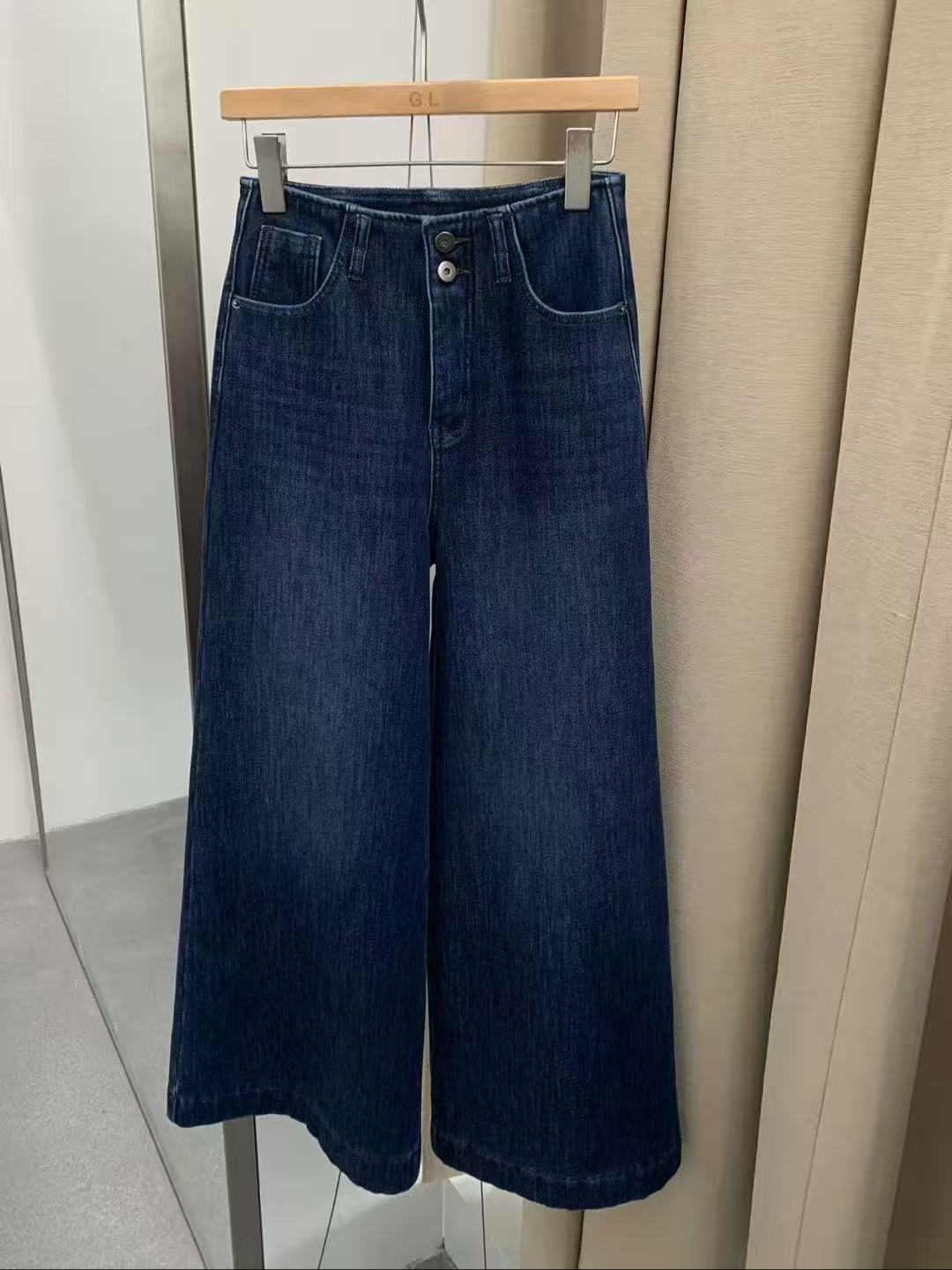 【锦衣服饰】GL 7066-1韩系加厚绒两粒扣高腰牛仔阔腿裤