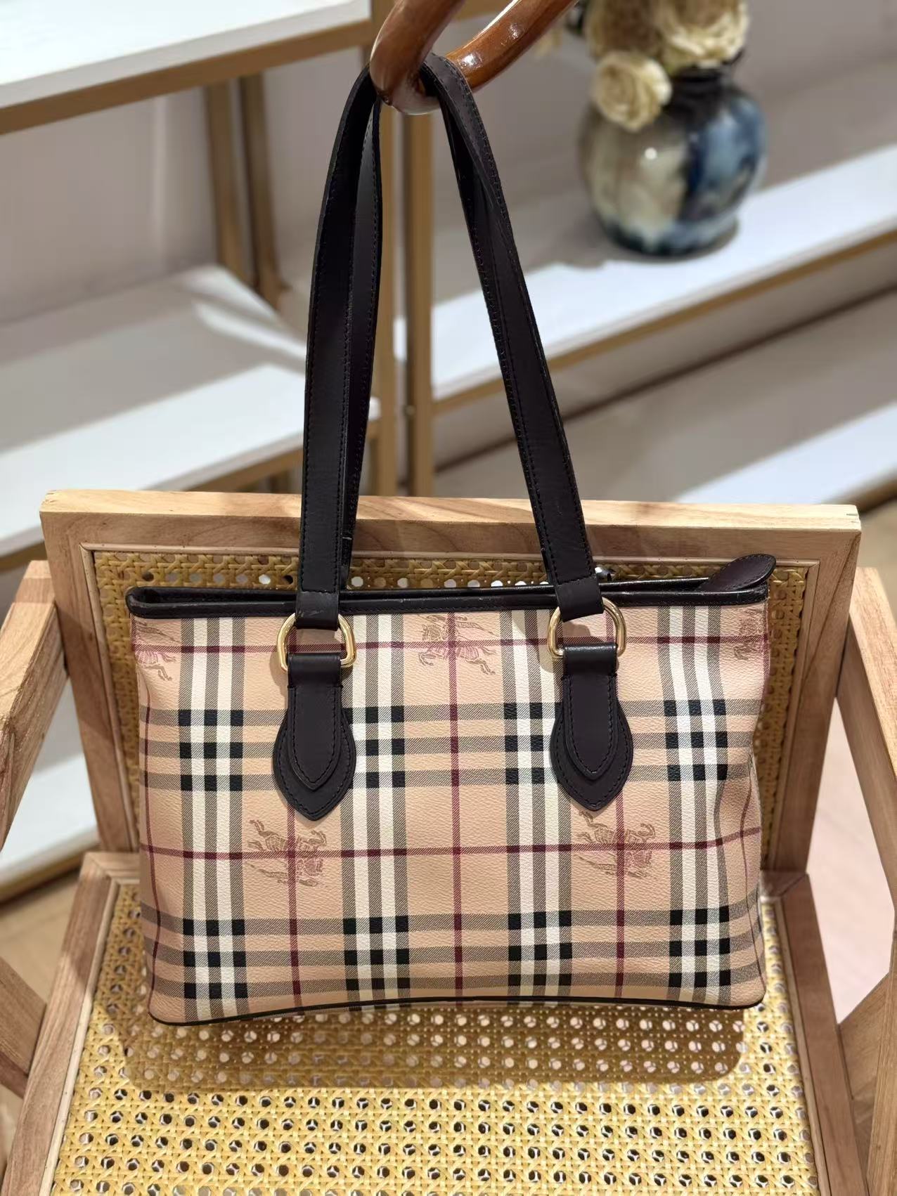 95新 BURBERRY/博柏利 格纹战马横版托特手提单肩包 