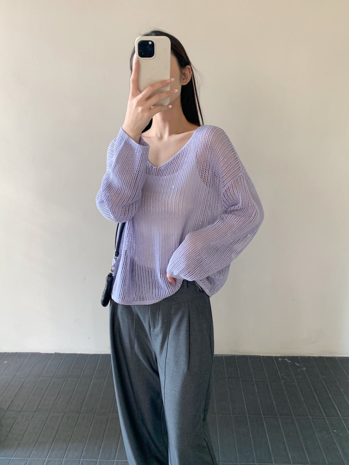 【素简.670187】春款上新星点亚麻女装上新时尚珠片鸡心落肩针织衫