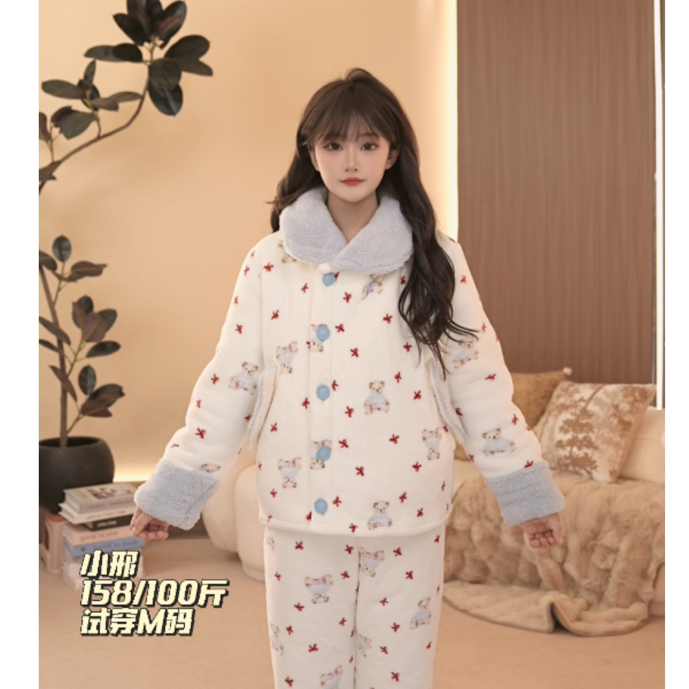【蝴蝶结熊】冬季爆款可爱加绒加厚热力绒女睡衣可外穿