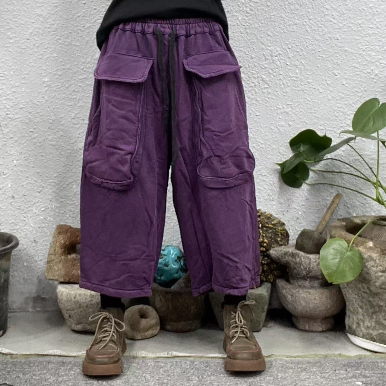 23892口袋外拼立体袋毛巾圈炒色八分哈伦休闲裤长76臀围126脚口54