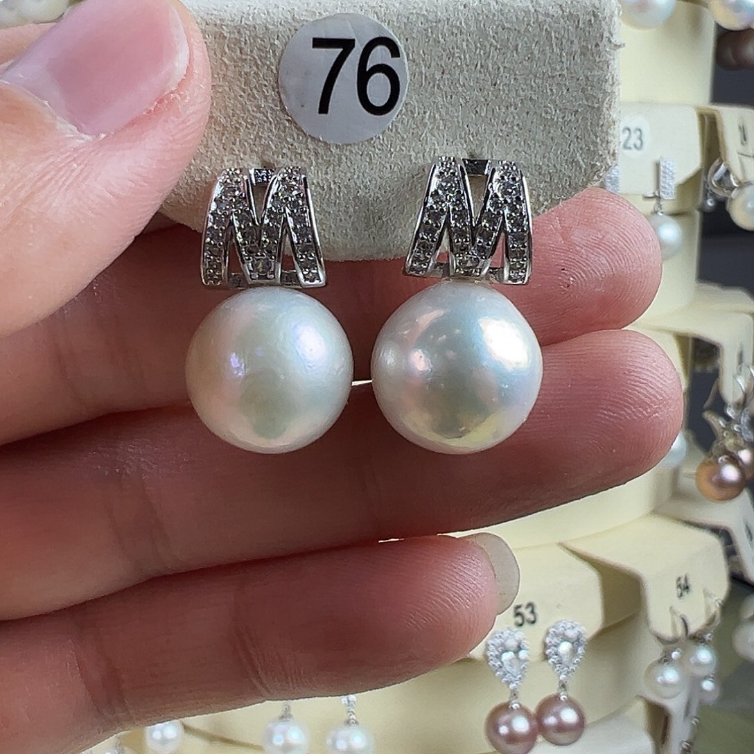 耳饰淡水珍珠银S925镶嵌13mm