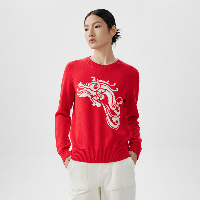 薄荷曼波2024龙年限定生肖羊毛羊绒针织衫长袖针织衫休闲情侣红色