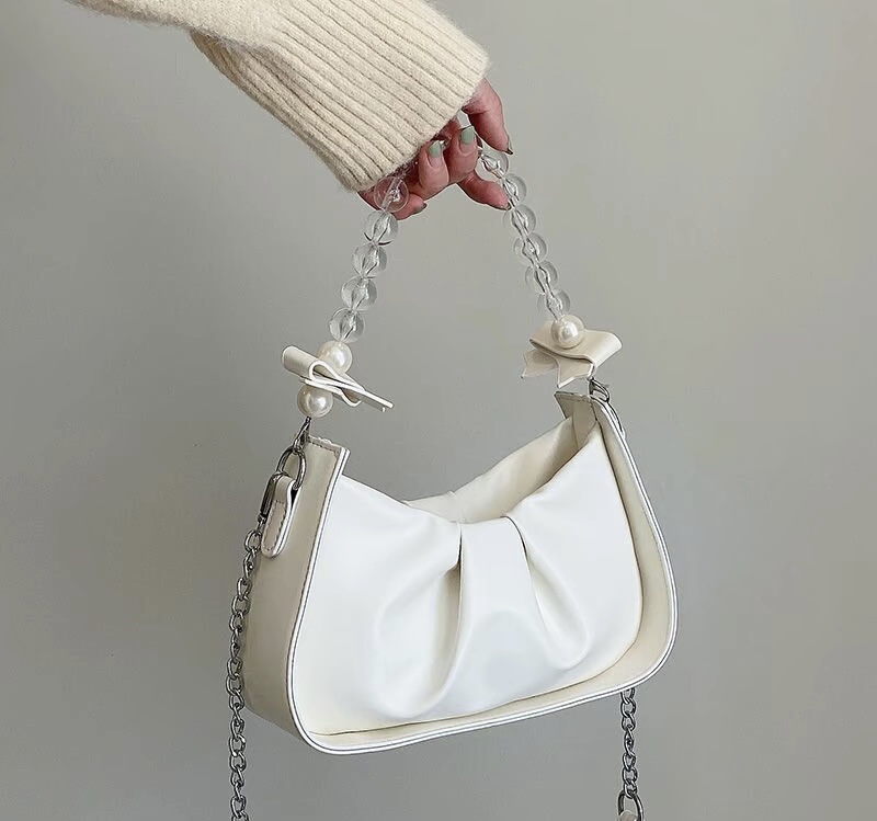 【001-060】网红白色时尚百搭夏季小众单肩褶皱洋气女士简约