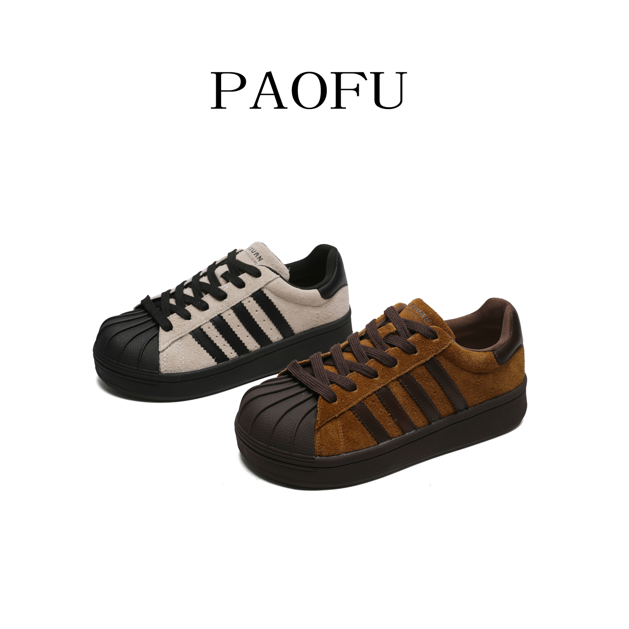 Paofu秋季新款贝壳头板鞋厚底低帮百搭美拉德系休闲运动鞋3807-2
