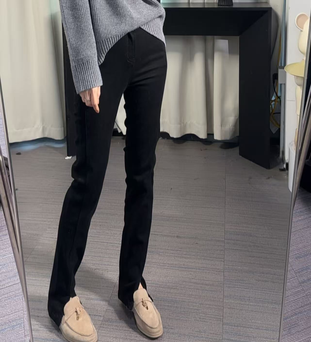 19081笑脸刺绣开叉冬季加绒长裤高腰牛仔筷子裤小脚裤