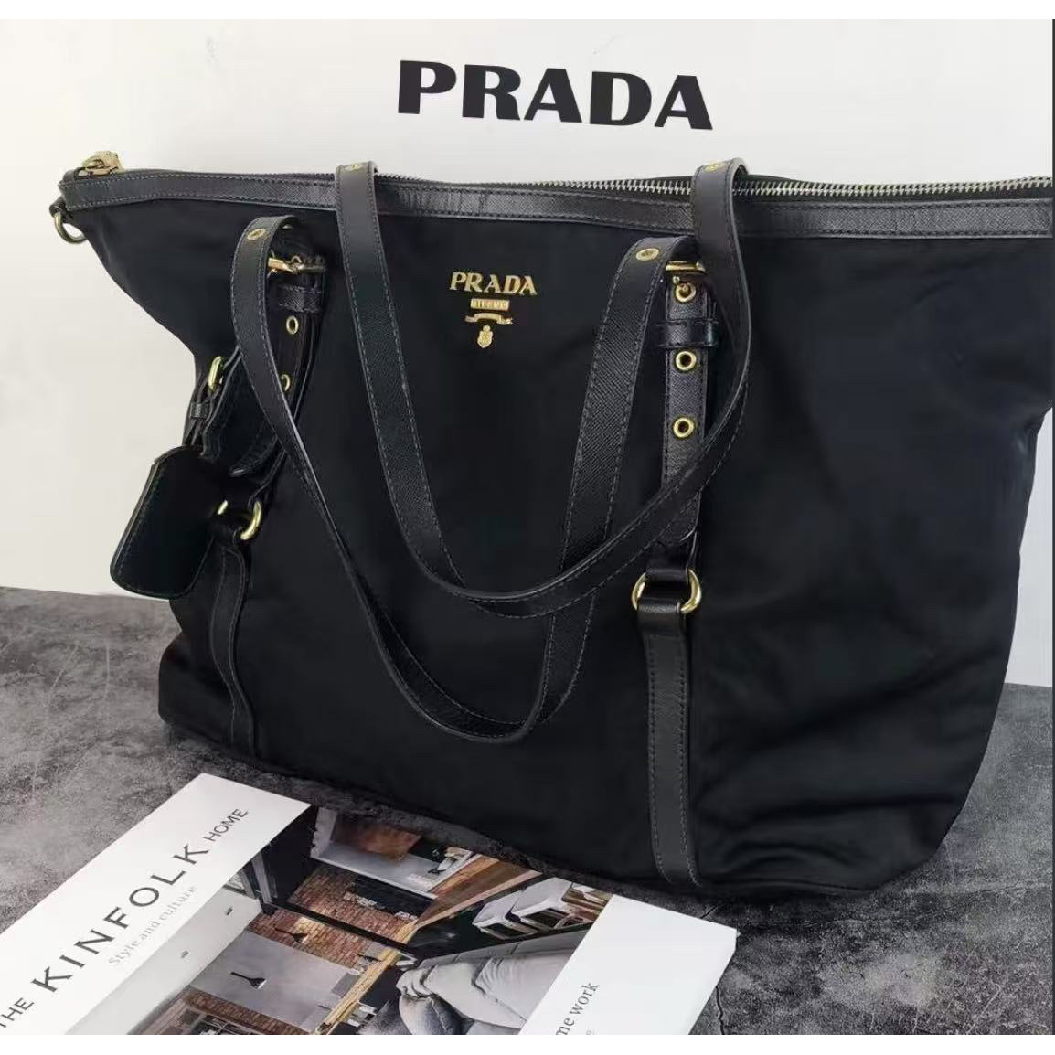 95新 Prada/普拉达 prada黑金c1448尼龙单肩包