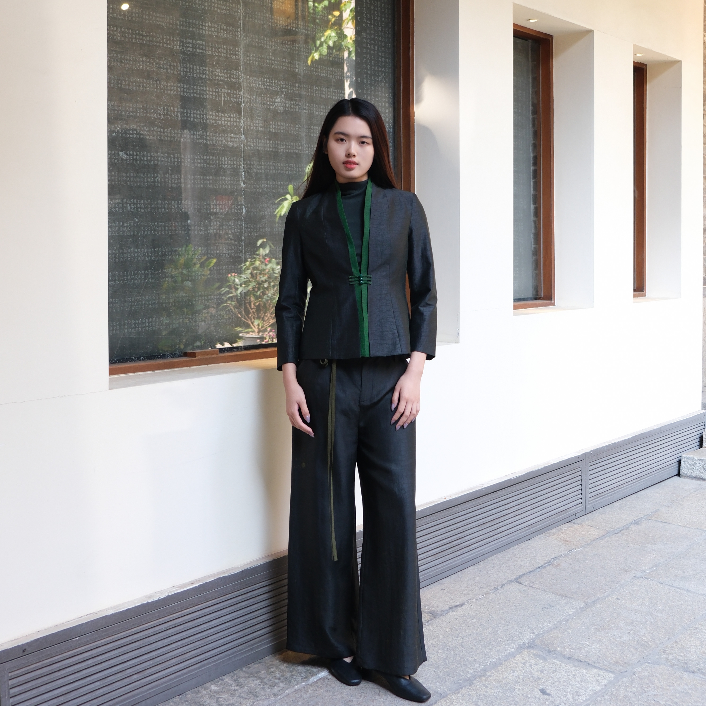 绿龟纹后背无拉链西装