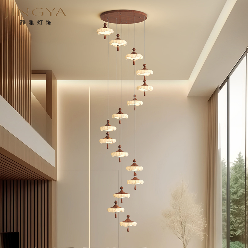 中古风宋式多头挑空楼梯吊灯实木亚麻布罩别墅旋转楼梯灯