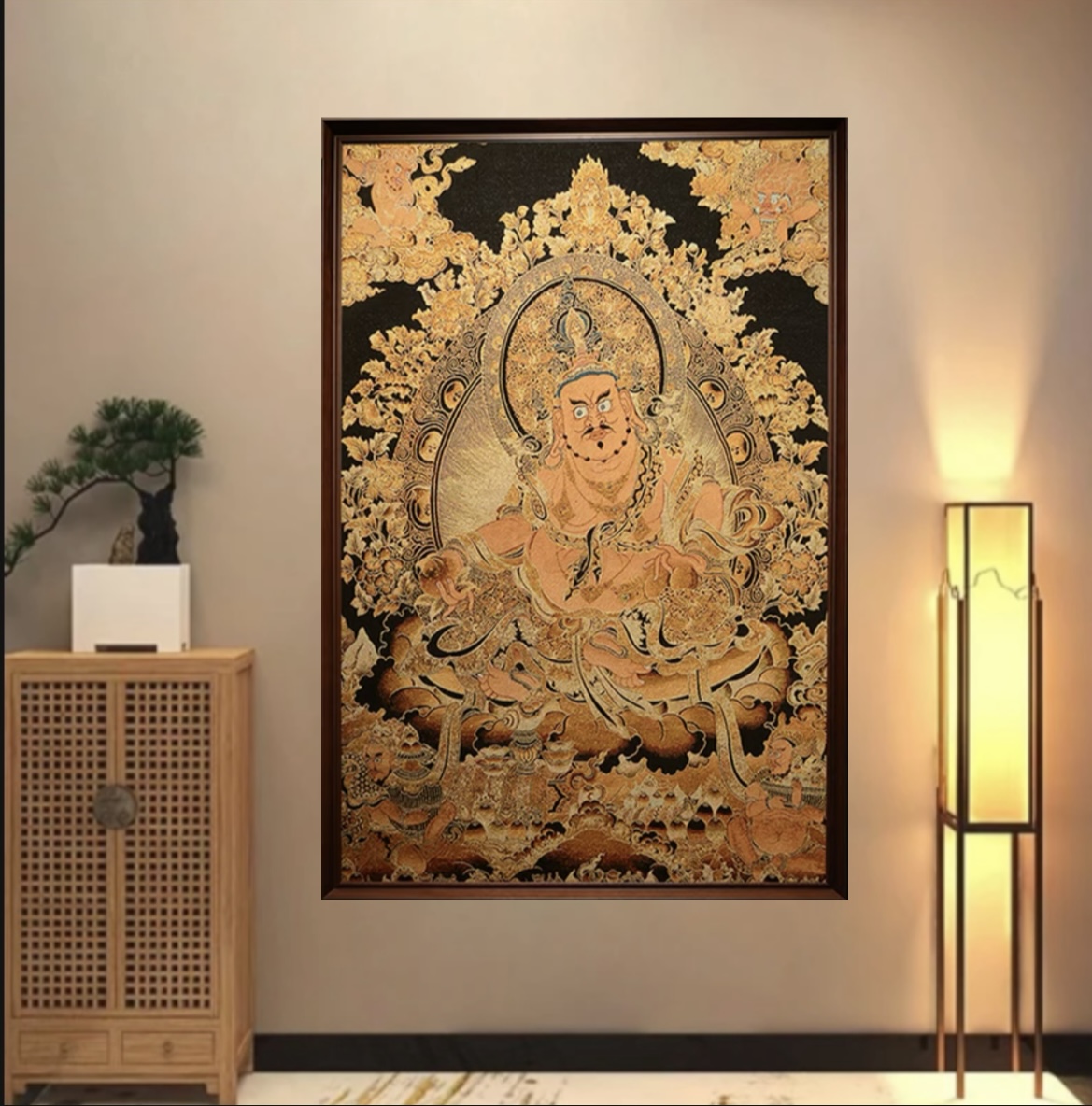 藏传黄财神唐卡莲花刺绣装饰画适合茶室书房挂画巴图鲁玄关