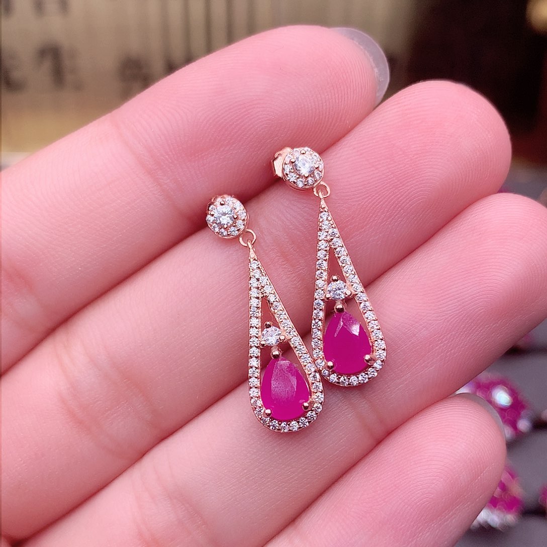 红宝石耳饰银S925镶嵌